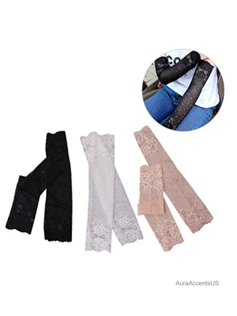 3 Pairs 38cm UV Protection Lace Arm Sleeves Fingerless Summer Driving Gloves